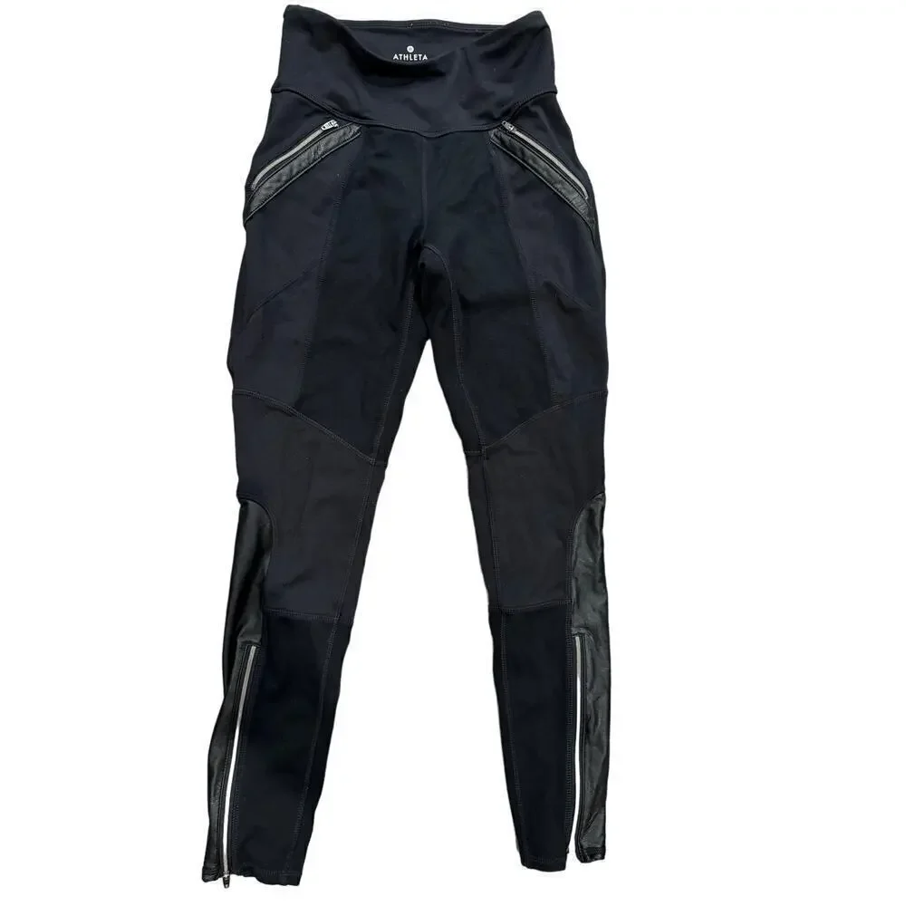 Athleta Ponte Luxe Leggings Pant Faux Leather Moto Zip Ankle Black Size XS
